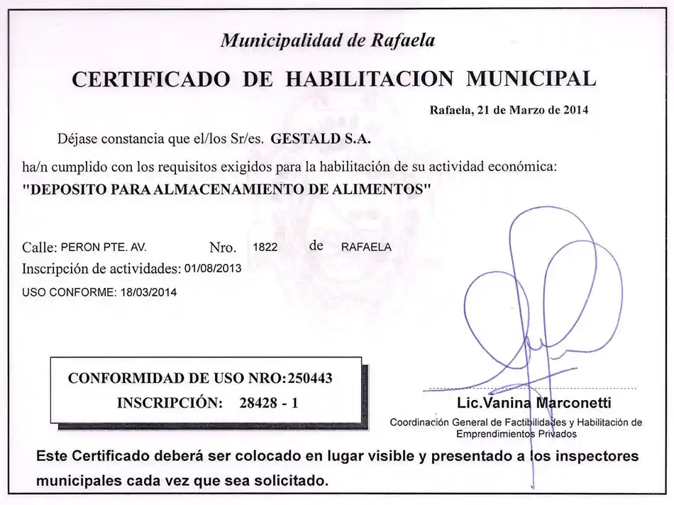 Certificado de habilitación municipal Rafaela - Depósito para almacenamiento de alimentos